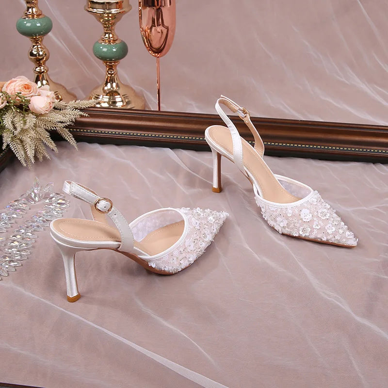 Fashion Sequined Lace Flowers Women Pumps Elegant Pointed toe Satin Wedding Thin High heels Summer Female Party Bridal Shoes