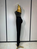 Women Sexy Black Sleeveless Backless Pearls Beaded StraplessBeading Bodycon Bandage Jumpsuit Evening Party Birthday Club Outfit