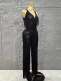 Black Color Women Sleeveless Sexy V-Neck Shinning Tassels Bodycon Jumpsuit Celebrate Birthday Party Peformance Stage Wear