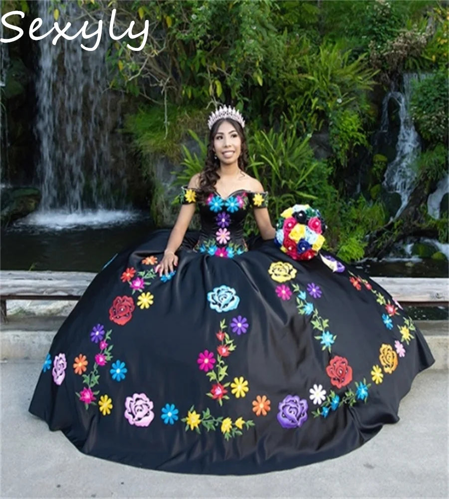 Customized Black Mexican Quinceanera Dresses Off Shoulders Embroidery Debutante Vestido De 15 Xv Años Satin Ball Gown Birthday