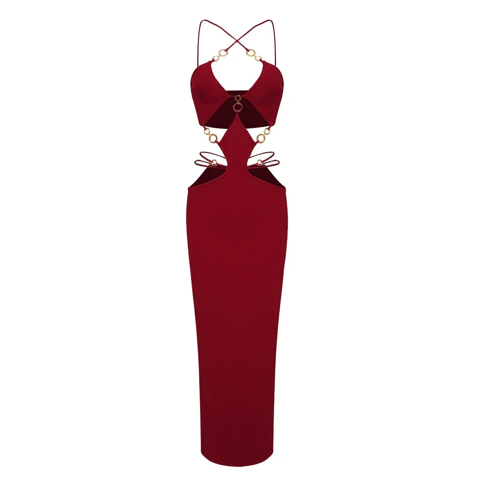 Arrival Sexy Hollow Out Halter Long Bandage Dress Fashion‘s Sexy Woman Package Hips Bodycon Dress Summer Vocation Vestido Claret
