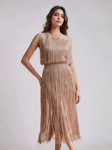 Tassel Patchwork Party Fashion Midi Dress Women Summer Sleeveless Solid High Street Ladies Vestidos
