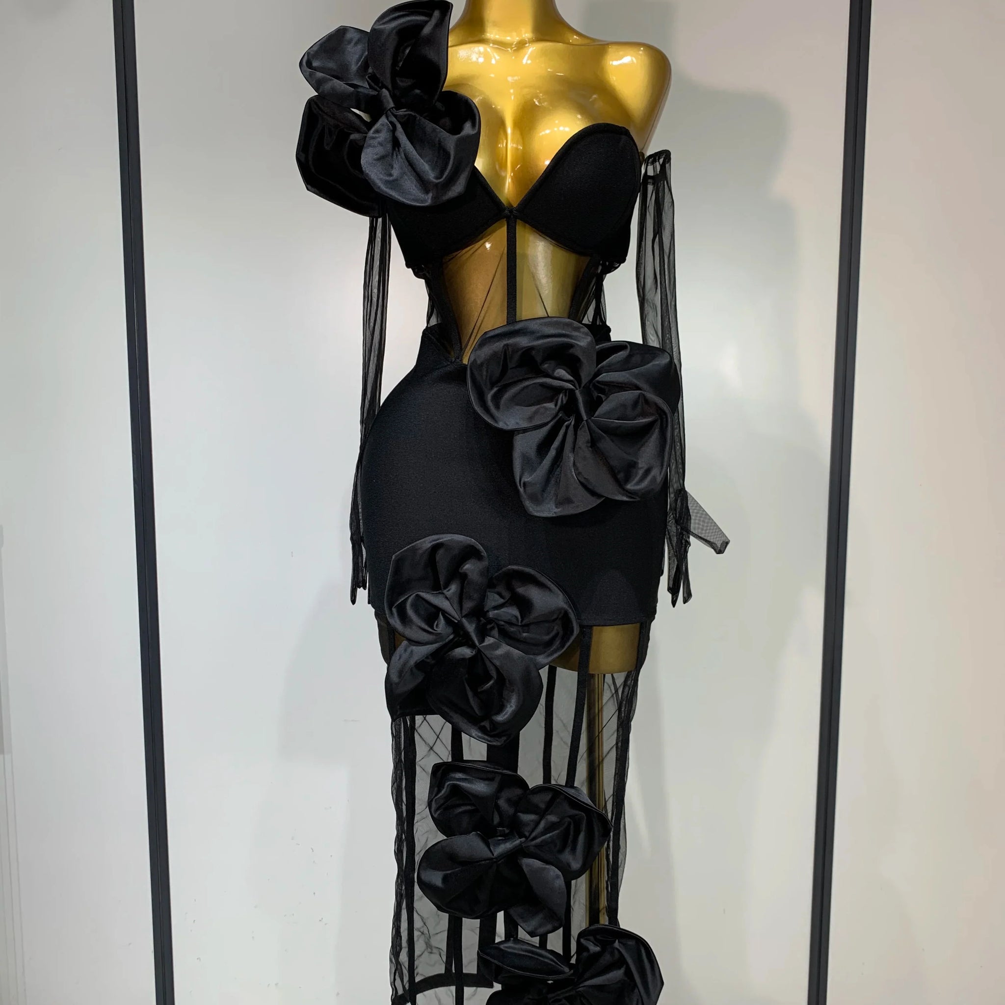 Women Sexy One Shoulder Bow Mesh See Through Bandage Bodycon Dress With Gloves Black Sleeveless Elegant Party Birthday Dresses black