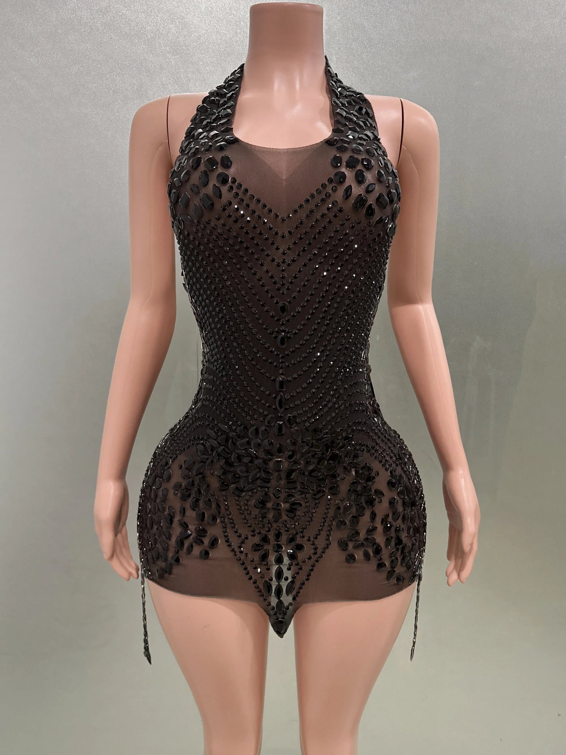 Women Sexy Halter Crystal Bodycon Mini Dress Celebrate Nightclub Party Performance Birthday Photo Shoot Dress black