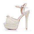 Luxury Full Pearls Beaded Peep toe Women Gladiator Sandals Fashion Summer Platform Wedges 14cm High heels Wedding Party Shoes Beige