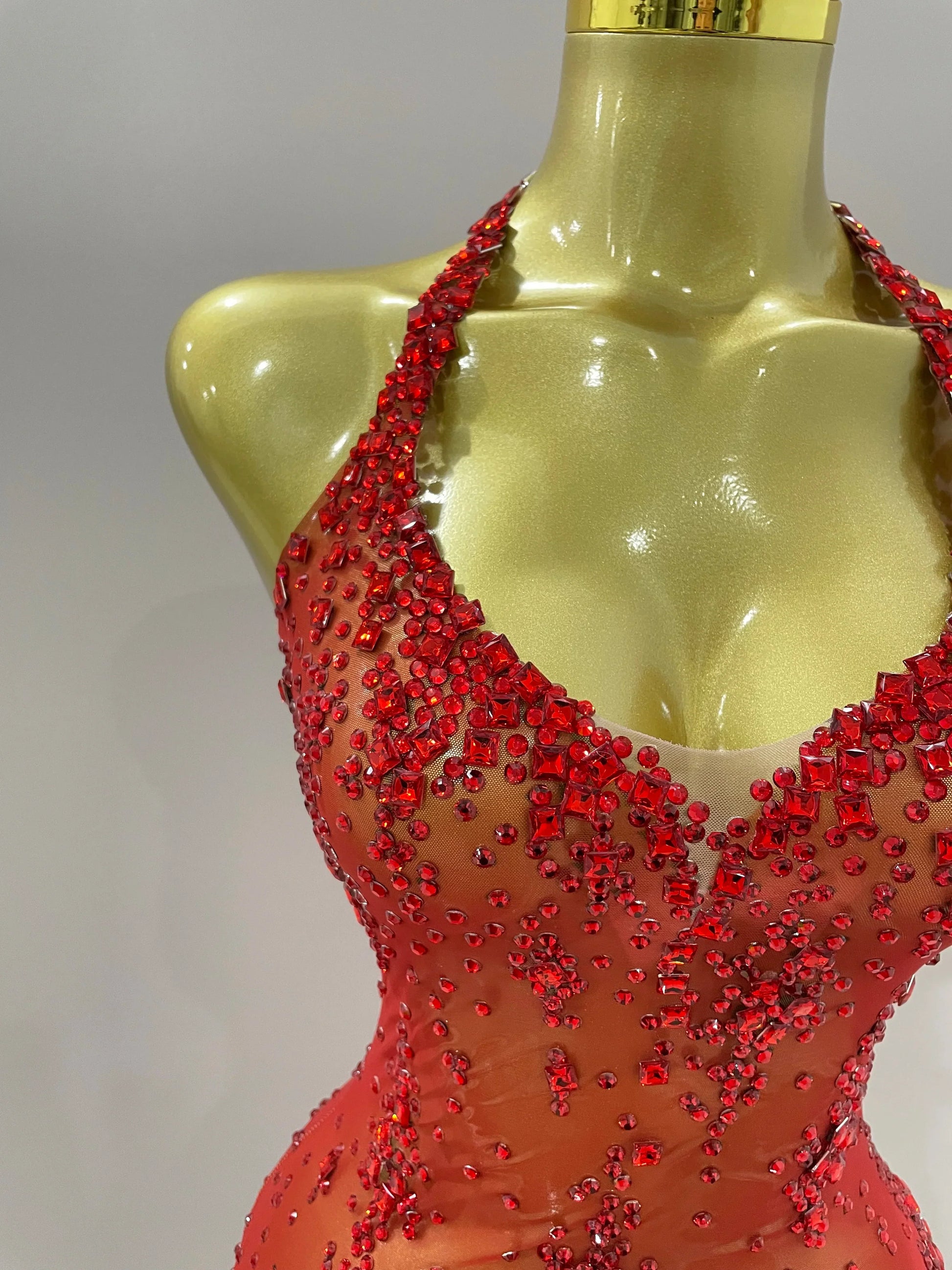 Sparkly Rhinestone V Neck Stretch Mesh Sexy See Through Dress Women Elegant Party Celebrate Perform Costume Stage Outfi