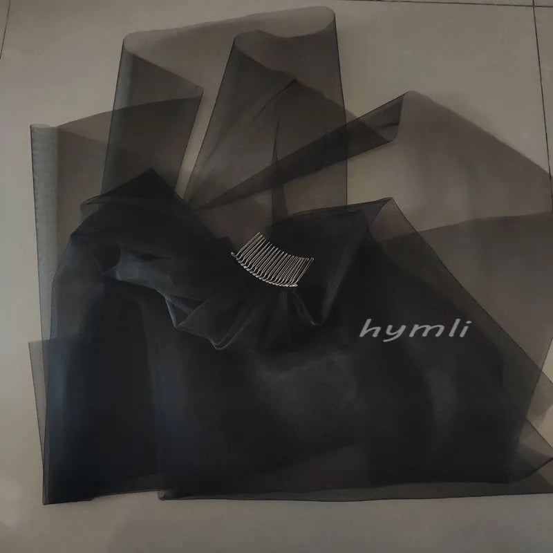 Two-Tier Tulle Black Wedding Veil with Metal Comb, Fingertip Length