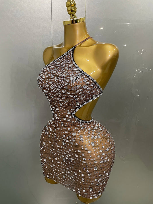Sexy Shiny Diamond Hollow Out Backless Short Dress Women Evening Celebrate Prom Birthday Party Nightclub Stage Costume