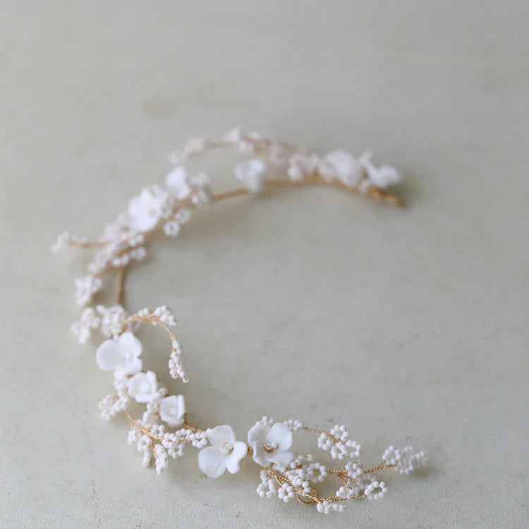 Porcelain Flower Headband Hairband Gold Color Headpiece For Brides Women Girl Headdress Bridal Jewelry Wedding Hair Accessories