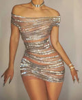 Sparkly Rhinestones Women Sexy Mesh Slash Neck Bodycon Mini Dress Celebrate Birthday Party Photo Shoot Dress Stage Wear