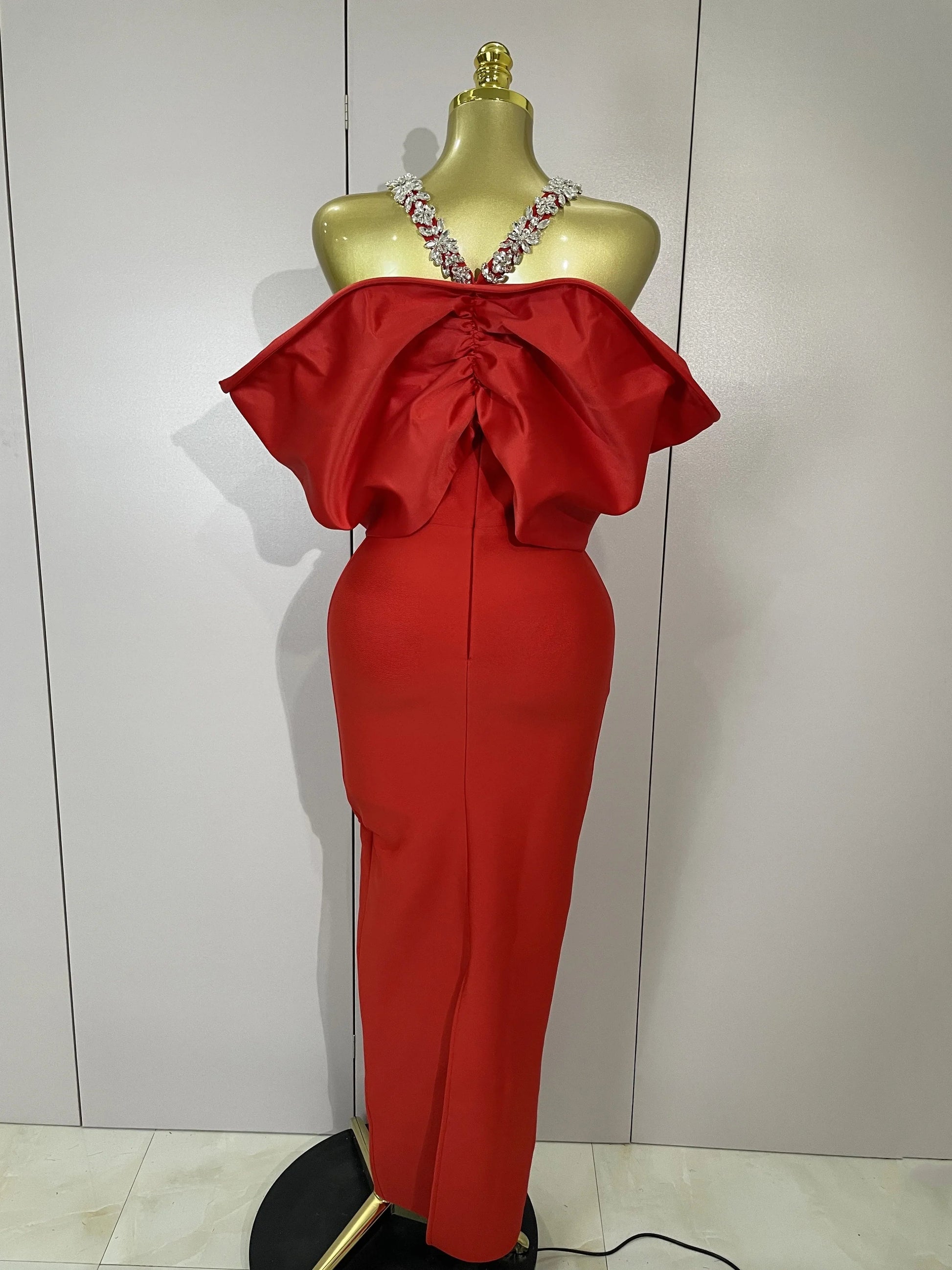 Luxury Rhinestone Chain Red Off Shoulder Vintage Butterfly Chic Bodycon Long Dress Elegant Evening Party Birtyday Clothing