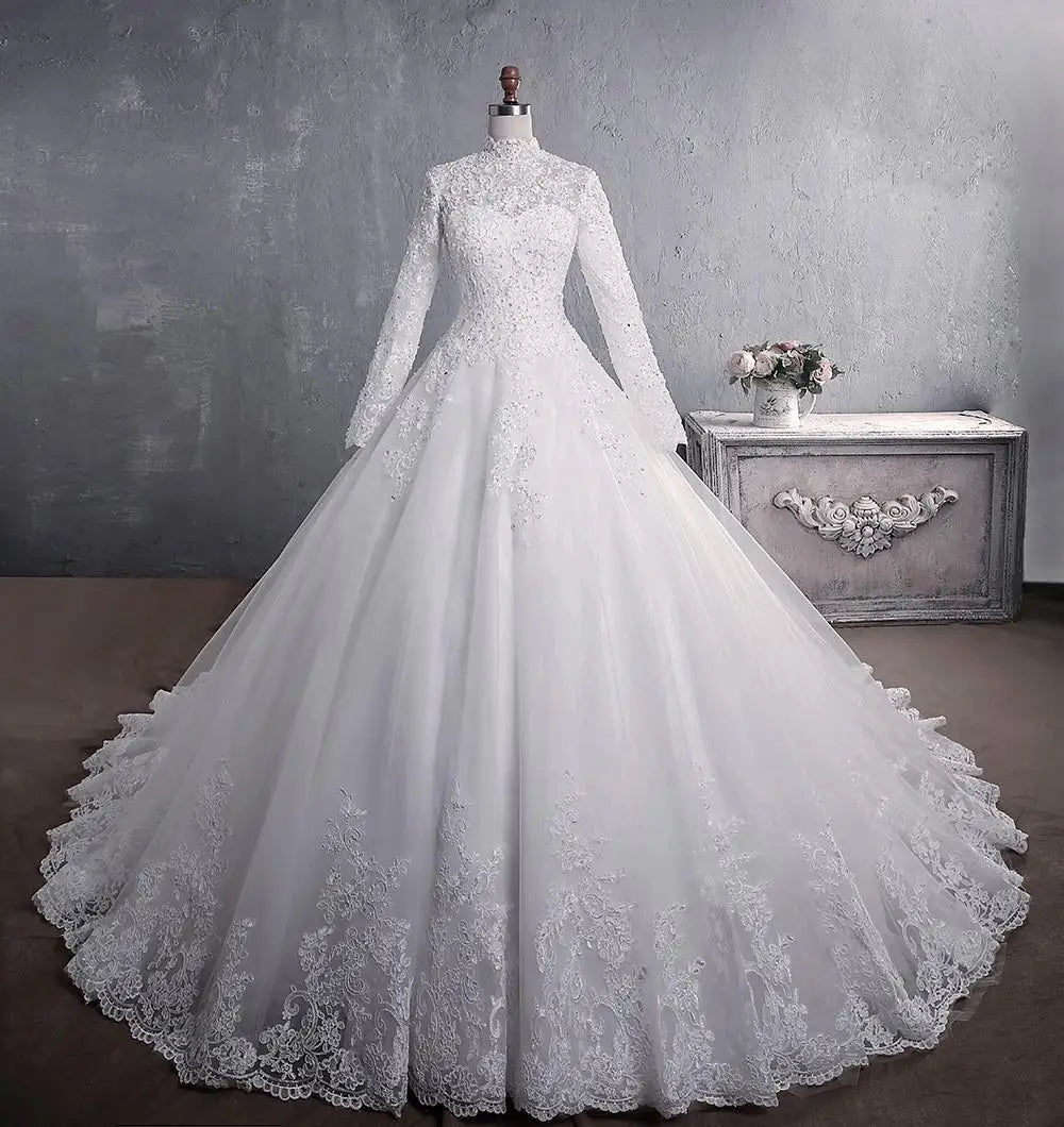 Long Sleeve Wedding Dresses Luxury High-neck Classic Zipper Back Ball Gown Plus Size Vestido De Noiva Plus Size As Picture