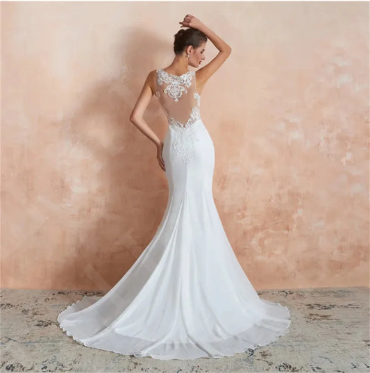 Witte zeemeermin Chiffon Wedding Jurk Vrouwen Mouwloze illusie Back Lace Appliques 3D Floral Modern Country Style Bridal Dress