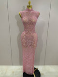 Sexy Sparkly Crystal Diamonds Mesh See Through Long Dress Women Elegant Party Costume Singer Stage Performance Outfit Pink