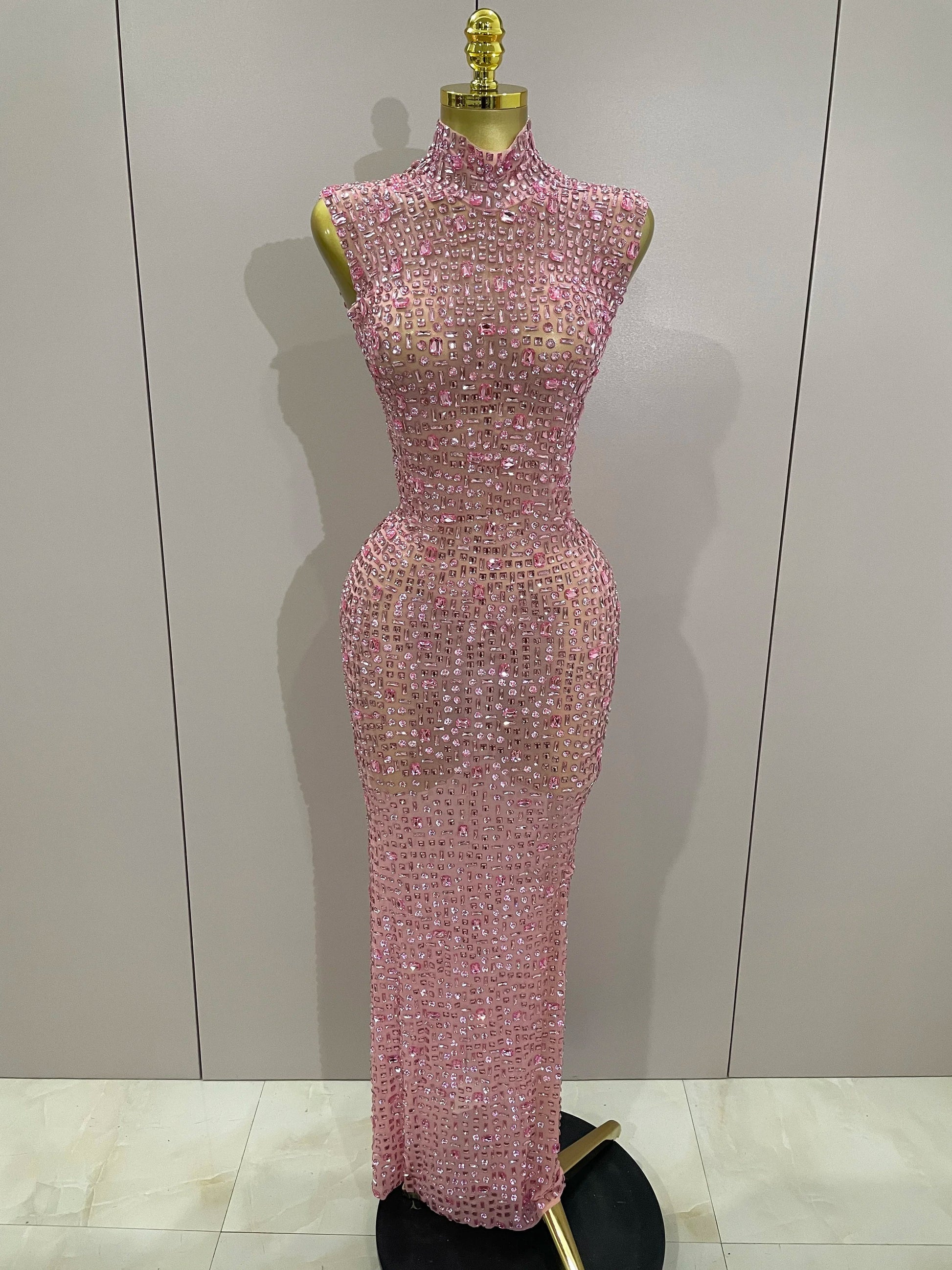Sexy Sparkly Crystal Diamonds Mesh See Through Long Dress Women Elegant Party Costume Singer Stage Performance Outfit Pink
