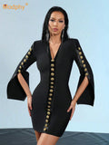 Women V Neck Bandage Dress Black Sexy Long Sleeve Button Bodycon Club Celebrity Elegant Evening Mini Party Dresses