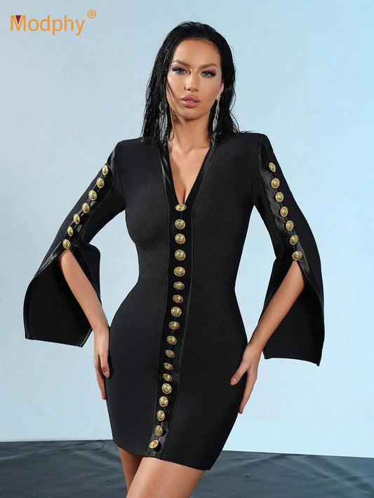 Women V Neck Bandage Dress Black Sexy Long Sleeve Button Bodycon Club Celebrity Elegant Evening Mini Party Dresses