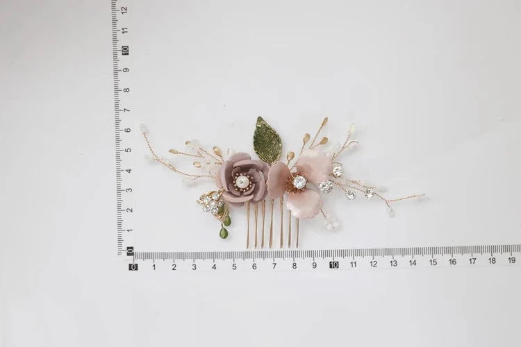 Wedding Accessories Pink Flower Hairpin Leaf Hair Comb Pin Clip For Brides Bridesmaids Crystal Pearl Head Piece Bridal Jewelry a