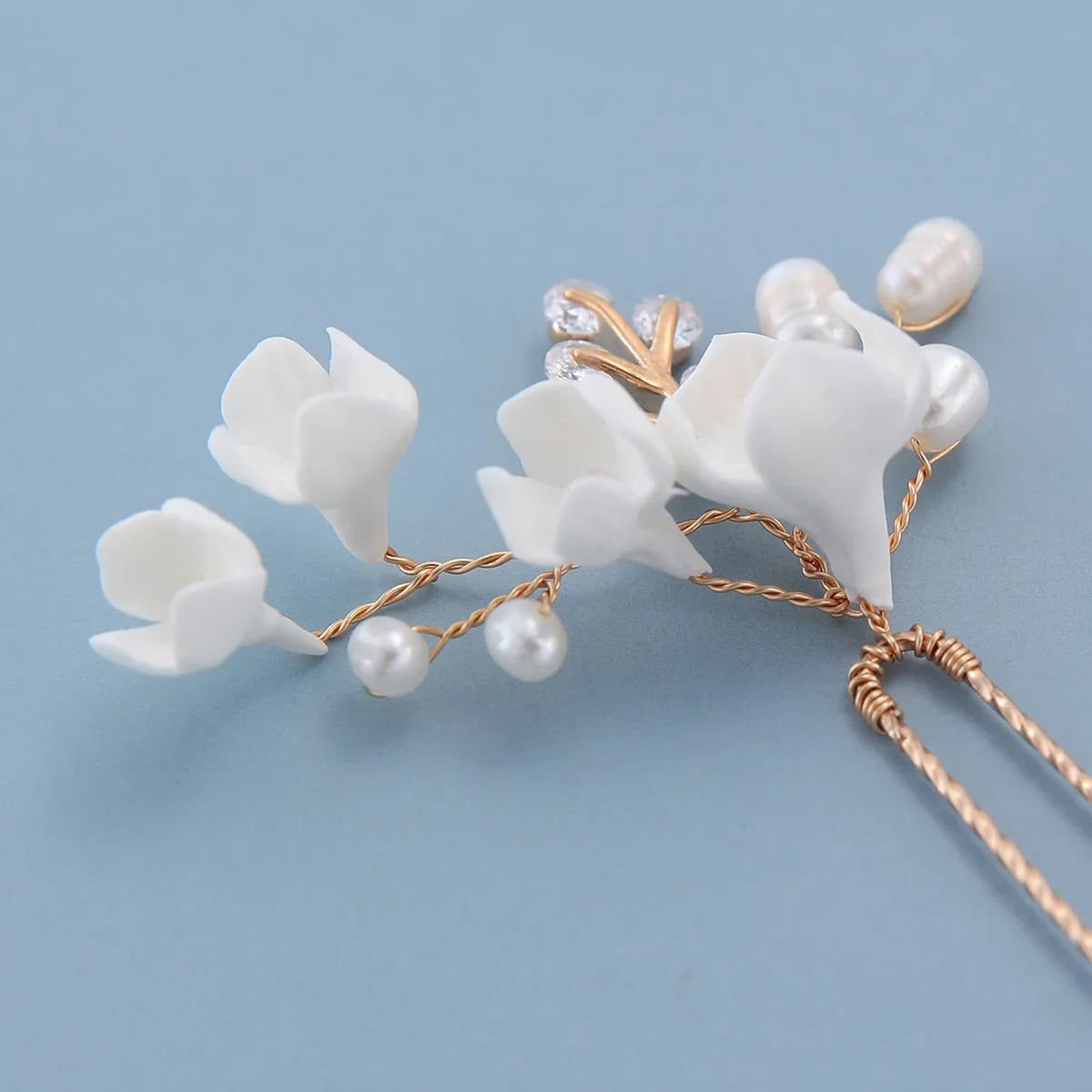 Bridal Jewelry Porcelain Flower Hair Pin Clip Freshwater Pearl Head Piece Brides Vintage Gold Color Hairpin Wedding Accessories