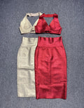 Gold Red Foil Color Women Sexy Halter V-Neck Bodycon Tops Bandage Pencil Skirts Set Nightclub Party Celebrate Women's Set