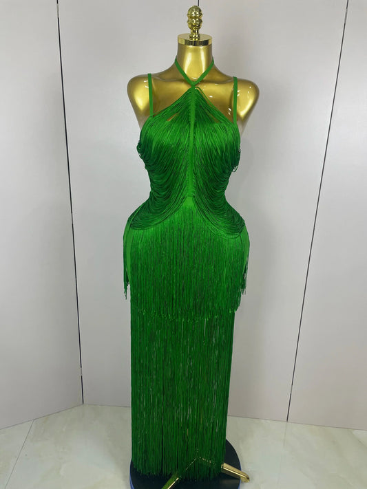 Sexy Backless Green Tassel Ankle Bodycon Bandage Dress Women Celebrity Elegant Evening Club Luxury Birthday Party Outfit green