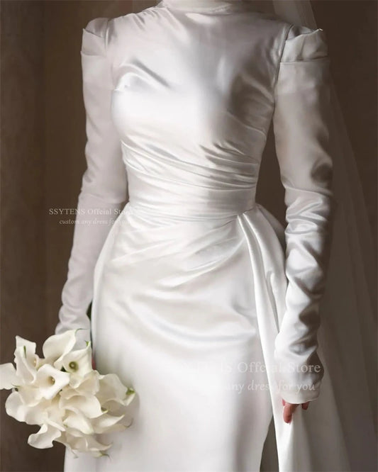 Modest Arabic Wedding Dresses Long Sleeves Muslim High Neck Silk Satin Bridal Gowns for Brides Customized Evening Dress