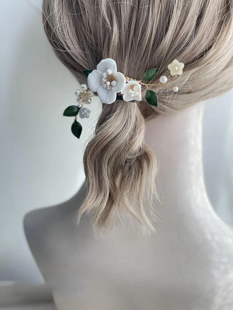 Wedding Accessories Porcelain Flower Hair Pin Clip Leaf Hairpins For Brides Bridesmaids Gold Color Head Pieces Bridal Jewelry a