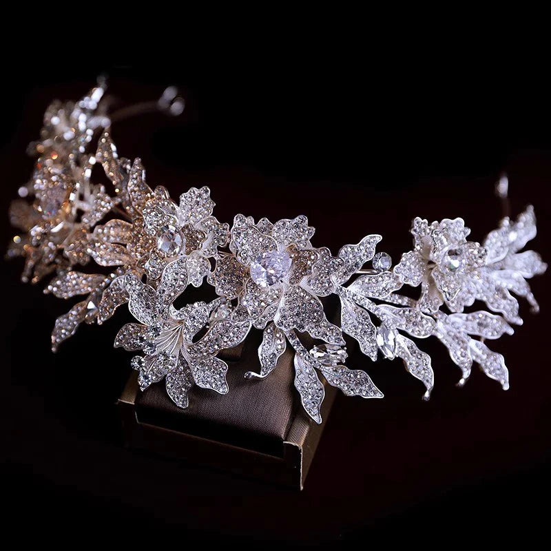 Flower Leaf Tiaras and Crowns Rhinestones Zircon Diadem Brides Pageant Prom Headpiece Bridal Jewelry Wedding Hair Accessories