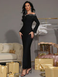 Elegant Women's Hot Diamond Design Bandage Dress with One Collar Long Sleeve Slimming Long Dresses Evening Party Vestitos black