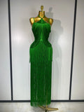 Women Sexy Backless Tassel Black Ankle Bodycon Bandage Dress Celebrity Elegant Evening Club Luxury Birthday Party Dresses green