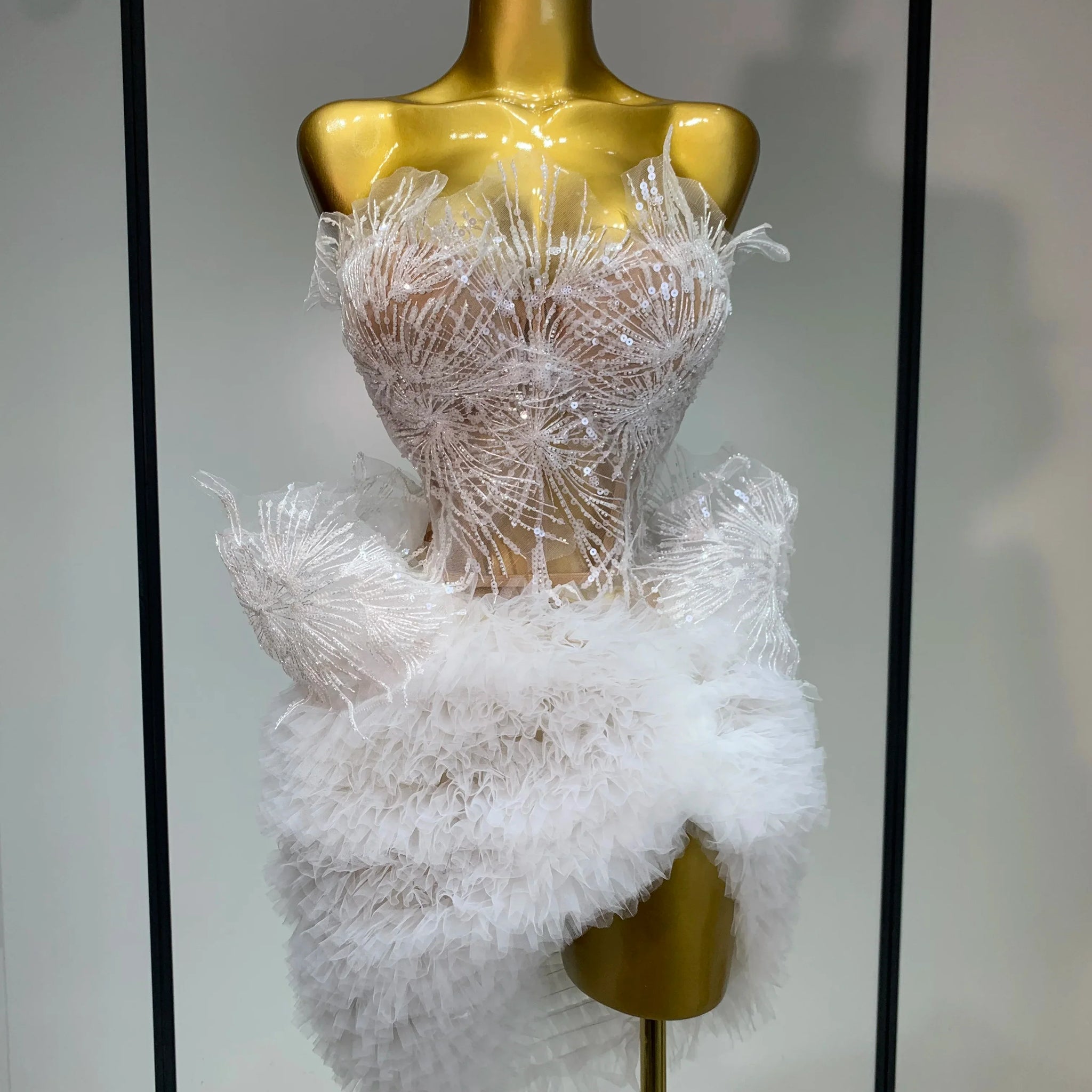 Sexy Strapless Tops Mesh Mini Skirt Two Piece Set Women Evening Party Nightclub Singer Stage Costume Luxury Birthday Gown WHITE