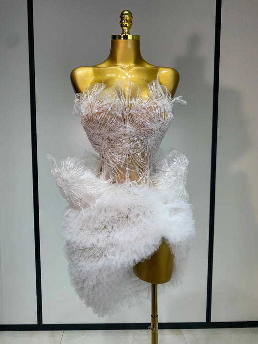 Sexy Strapless Tops Mesh Mini Skirt Two Piece Set Women Evening Party Nightclub Singer Stage Costume Luxury Birthday Gown WHITE