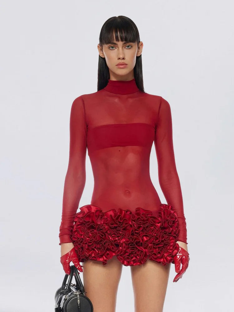 Women Long Sleeve Sexy Mesh See Through Florals Ball Gown Mini Bandage Dress Nightclub Party Celebrate Performance Stage Wear Red