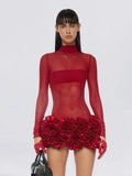 Red Color Women Long Sleeve Sexy Mesh See Through Florals Ball Gown Mini Dress Nightclub Party Celebrate Performance Stage Wear Red