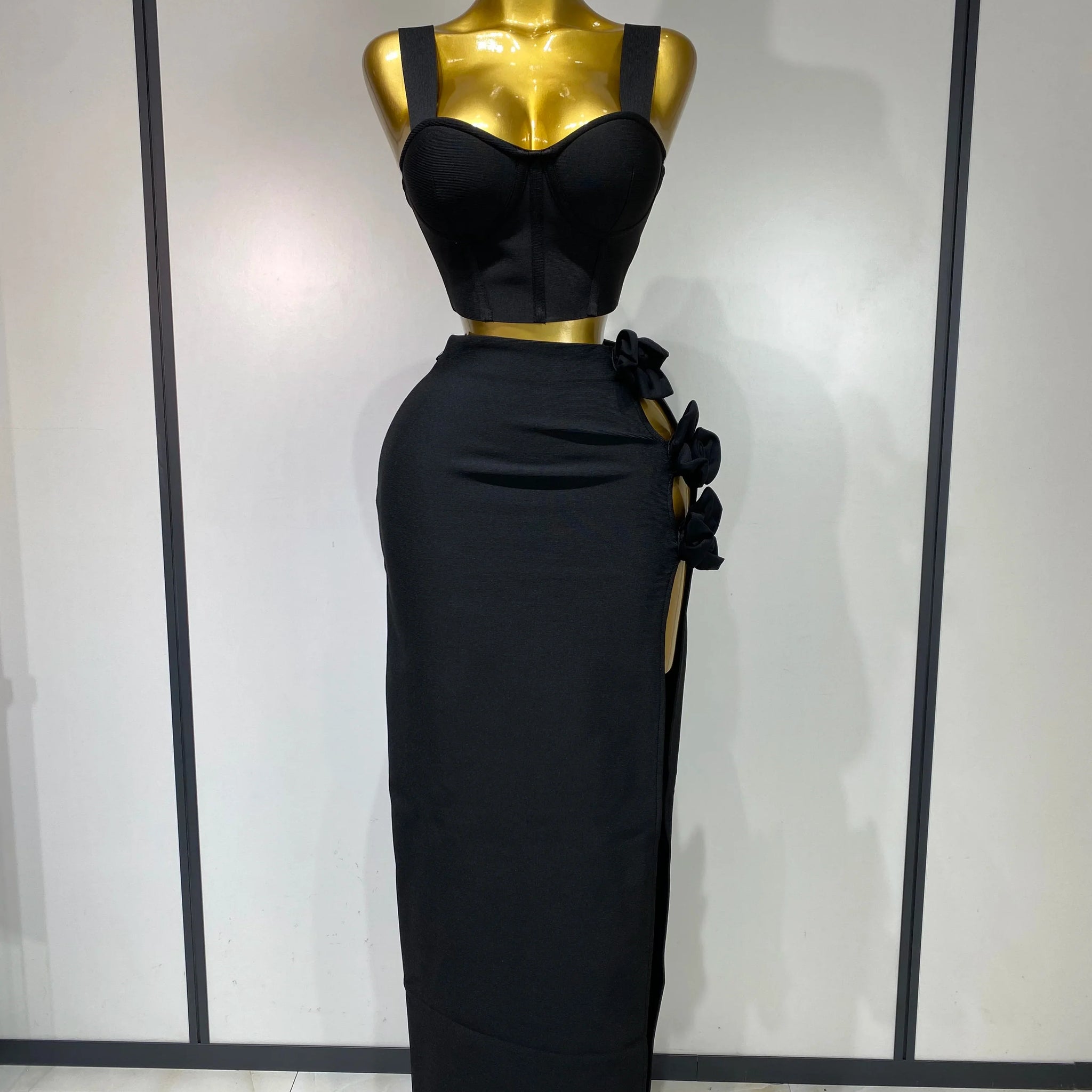 Summer New Women Sexy Flower Black Red Bandage Two Piece Set Celebrity Evening Party Skirt Suits Luxury Birthday Outfit black