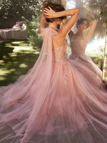 Dusty Pink A-Line Tulle Evening Dress Princess Off Shoulder Sweet Shiny Lace Prom Dress Pink