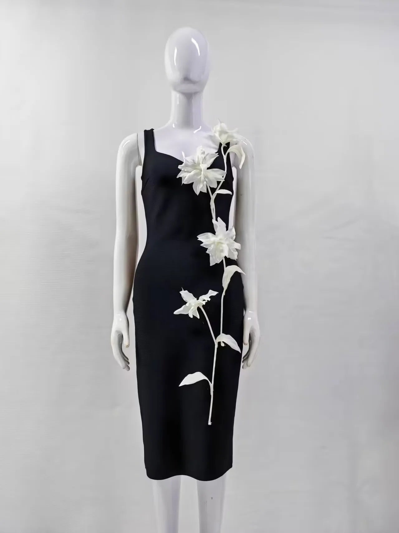 High Quality Women Sleeveless Sexy O-Neck Flowers Bodycon Mid-calf Bandage Dress Birthday Party Celebrate Cocktail Dress black