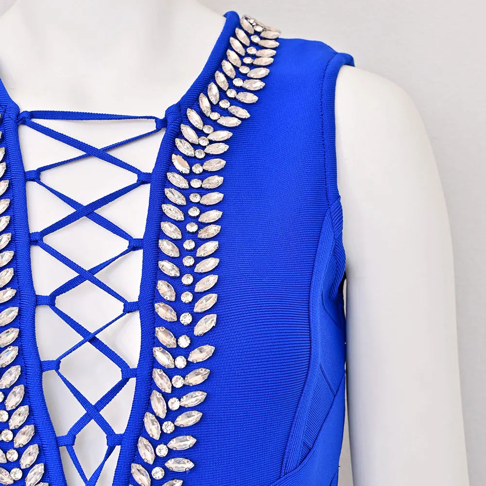 Spring Sexy Women's Drawstring Nail Diamond Design Bandage Dress Sleeveless Bodycon Blue Mini Dress Evening Party Vestidos