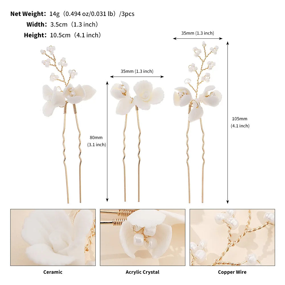Bridal Jewelry Gold Color Hair Pin Clip Porcelain Flower Hairpin For Bride Bridesmaids Women Gift Head Piece Wedding Accessories