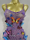Women Celebrity Luxury Birthday Nightclub Stage Outfit Sparkly Butterfly Purple Sexy Mesh See Through Dress