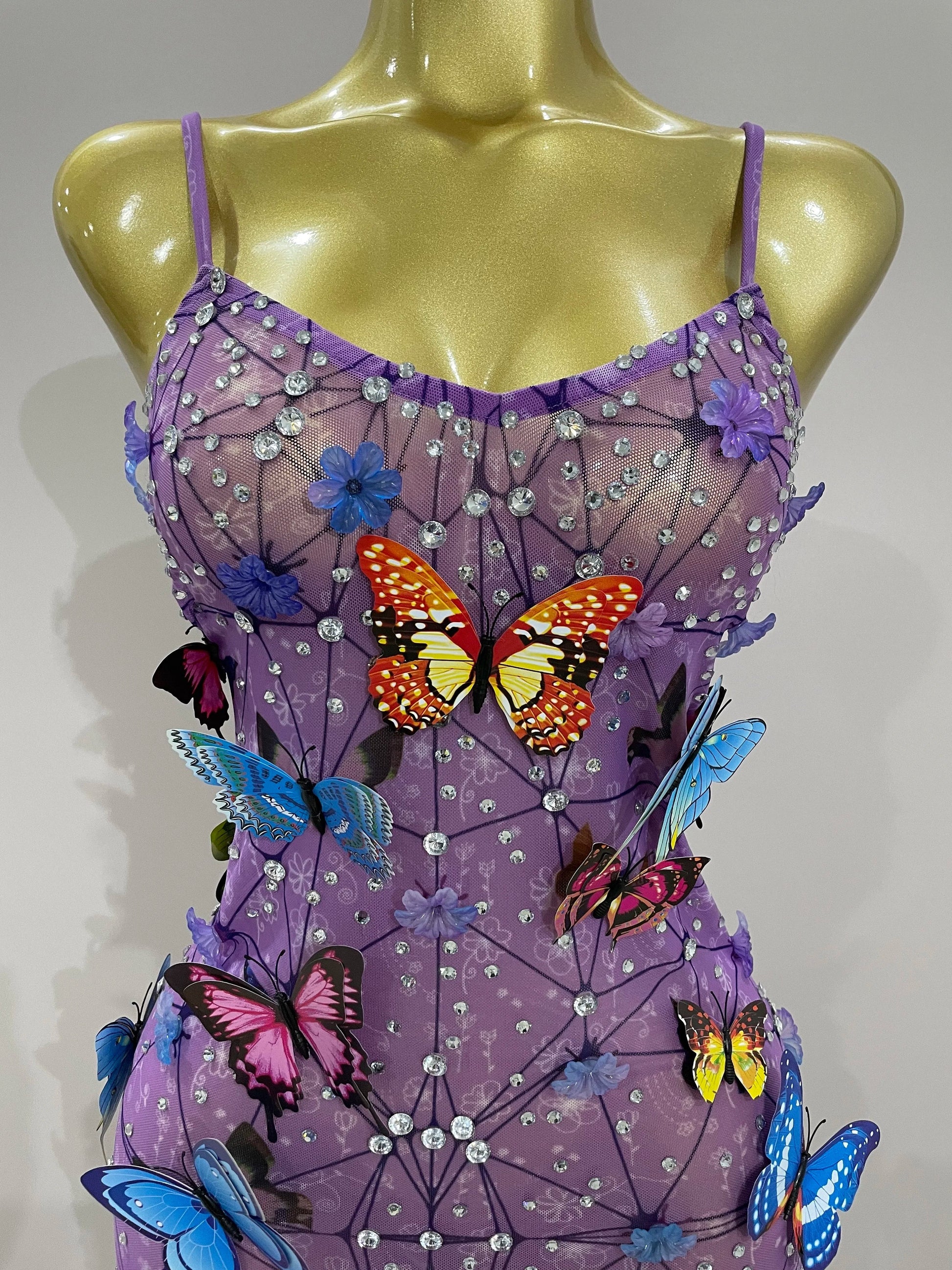 Women Celebrity Luxury Birthday Nightclub Stage Outfit Sparkly Butterfly Purple Sexy Mesh See Through Dress