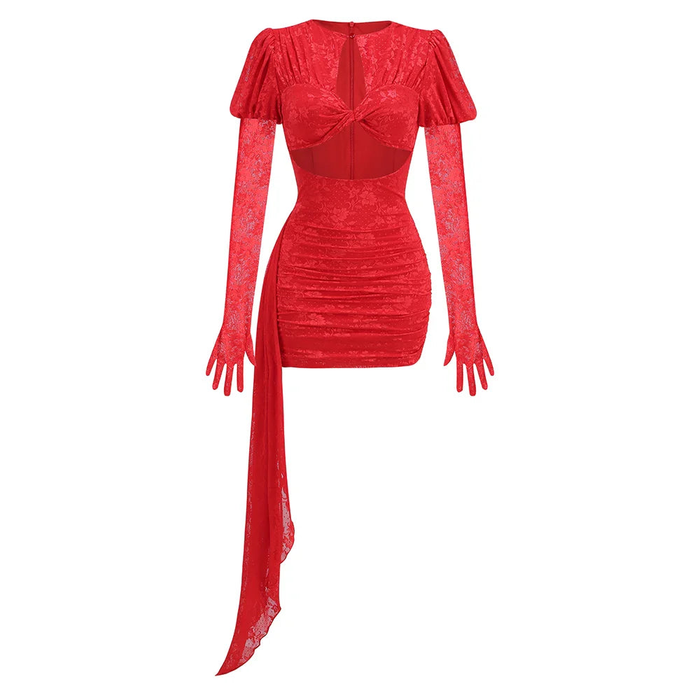 2024 Fashion Red White Women Gloves Sexy Bodycon Mini Draped Dress Nightclub Party Bar Singer Birthday Celebrate Dress