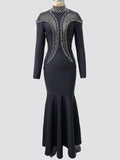 Newest Fashion Designer Party Vestido Women'S Diamonds Mesh Long Sleeves Bodycon Mermaid Long Maxi Dress