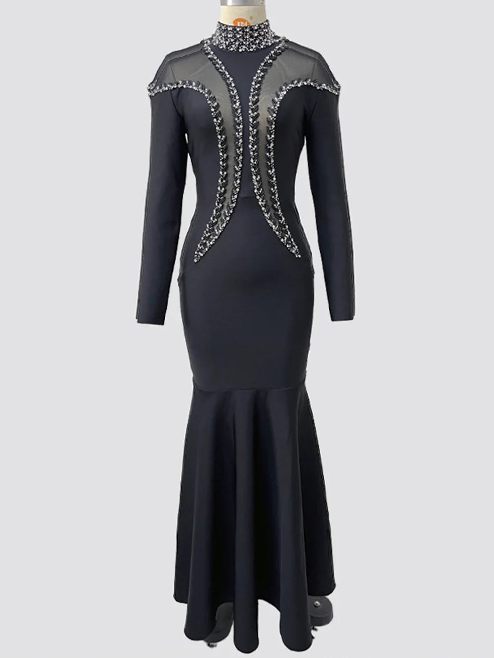 Newest Fashion Designer Party Vestido Women'S Diamonds Mesh Long Sleeves Bodycon Mermaid Long Maxi Dress