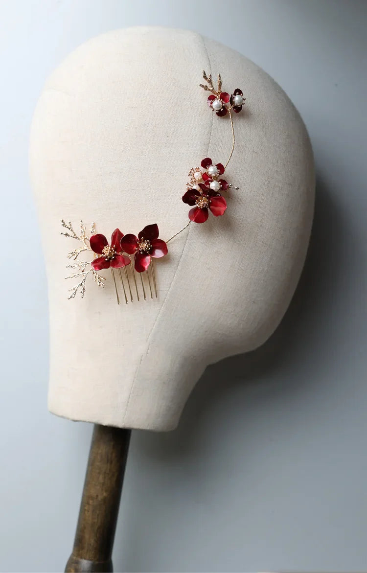 Wedding Accessories Red Flower Hair Comb Pin Clip Leaf Hairpin For Brides Bridesmaids Women Girl Head Pieces Bridal Jewelry