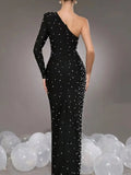 2024 Sexy Women's Light Luxury Pearl Design Bandage Dress with Diagonal Collar One Shoulder Long Sleeve Bodycon Christmas Dress