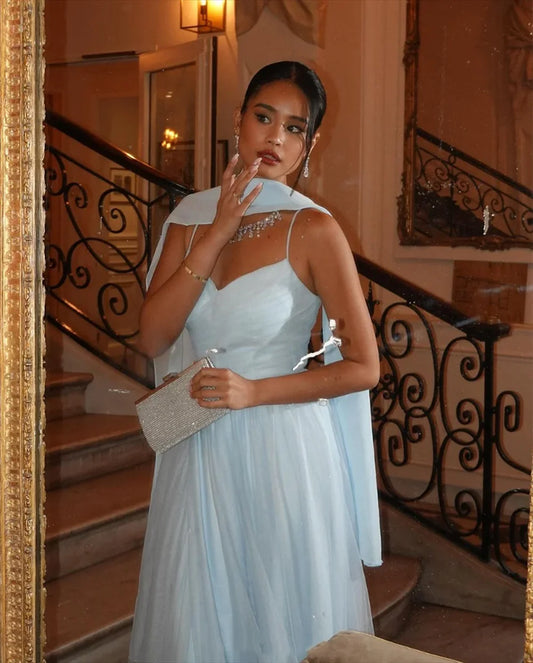 Bella Light Blue Prom Dresses Detachable Shawl Evening Dress Elegant Spaghetti Strap Sexy Side High Split Vestidos De Fiesta