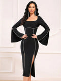 Women Light Luxury Rhinestone Bandage Dress With O-Neck Flared Sleeves Slim Fit Split Body Midi Dress Evening Club Party Vestido black