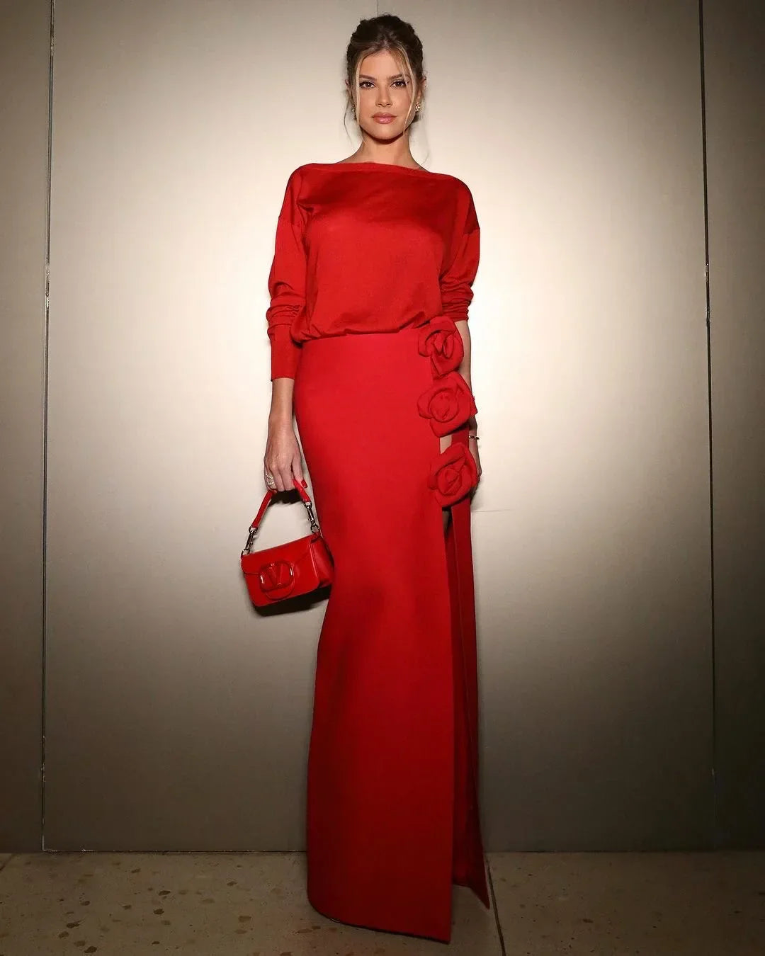 Arrival Rose Decoration Sexy High Split Red Bandage Long Shikt Fashion Graceful woman Item Evening Party Outfit