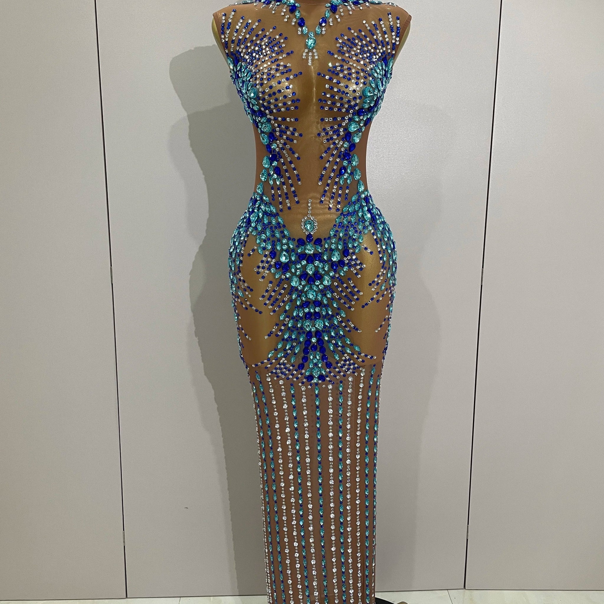 Luxury Sparkly Rhinestones Nude Sexy Mesh Maxi Dress Women Evening Birthday Party Elegant Gown Show Red carpet Stage Costume MULTI